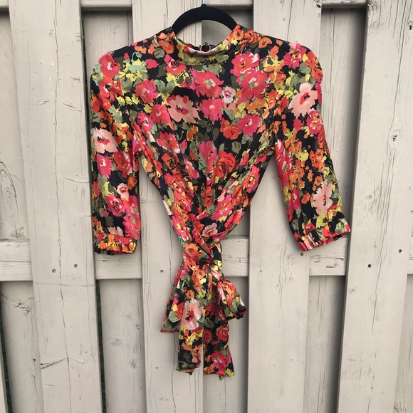 ZARA TRF FLOWER BLOUSE WRAP W/ EXTRA WIDE TIE SASH - Picture 5 of 8